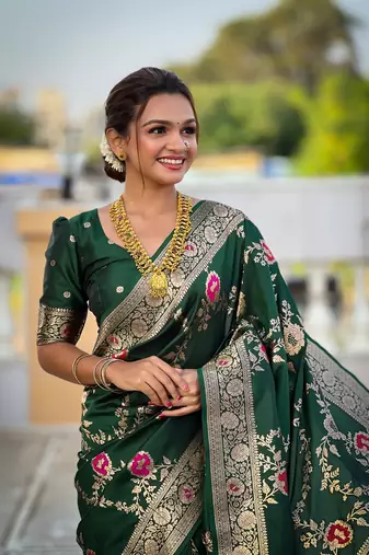 Green soft banarasi silk blend meenakari weaving saree with unstitched blouse