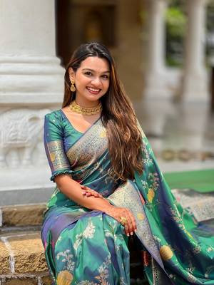 Rama soft banarasi silk blend meenakari weaving saree with unstitched blouse 4