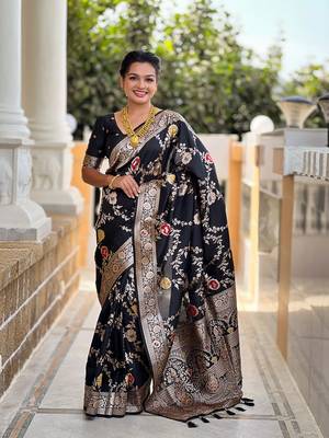 Black soft banarasi silk blend meenakari weaving saree with unstitched blouse 1