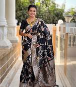 Black soft banarasi silk blend meenakari weaving saree with unstitched blouse