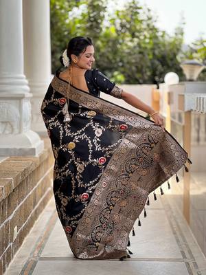 Black soft banarasi silk blend meenakari weaving saree with unstitched blouse 2