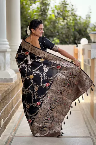Black soft banarasi silk blend meenakari weaving saree with unstitched blouse