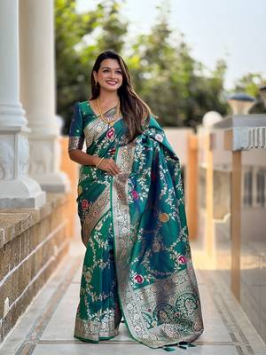 Rama soft banarasi silk blend meenakari weaving saree with unstitched blouse 1
