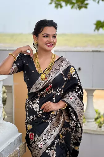 Black soft banarasi silk blend meenakari weaving saree with unstitched blouse