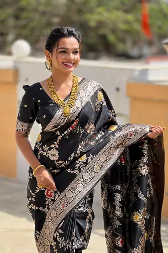 Black soft banarasi silk blend meenakari weaving saree with unstitched blouse