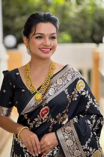 Black soft banarasi silk blend meenakari weaving saree with unstitched blouse