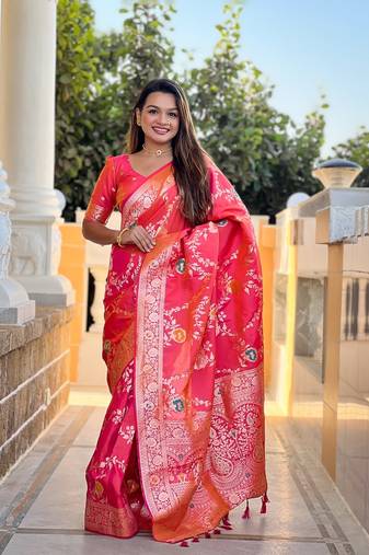Gajari soft banarasi silk blend meenakari weaving saree with unstitched blouse