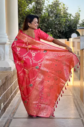 Gajari soft banarasi silk blend meenakari weaving saree with unstitched blouse