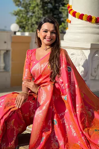 Gajari soft banarasi silk blend meenakari weaving saree with unstitched blouse