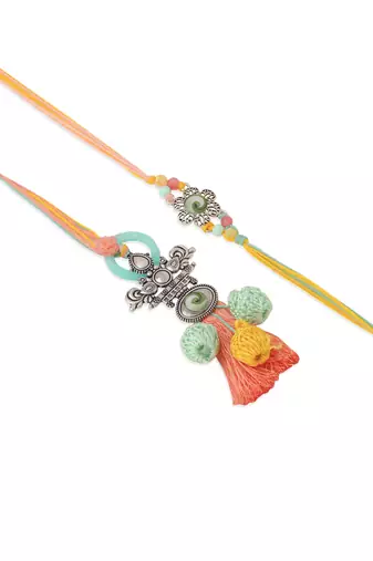 set of 2 artificial beads traditional bhaiya bhabhi pair rakhi set with roli chawal chandan & mishri