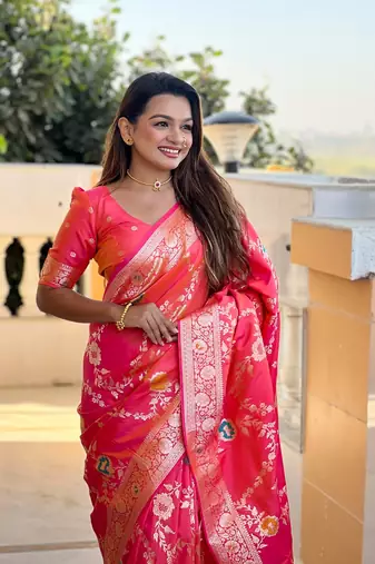 Gajari soft banarasi silk blend meenakari weaving saree with unstitched blouse