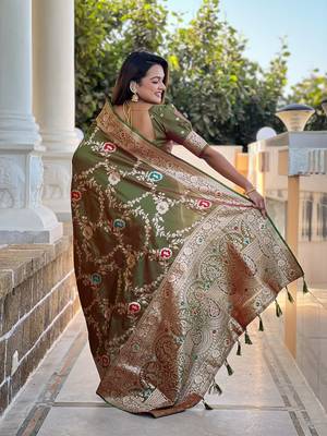 Mehendi soft banarasi silk blend meenakari weaving saree with unstitched blouse 2