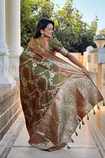 Mehendi soft banarasi silk blend meenakari weaving saree with unstitched blouse