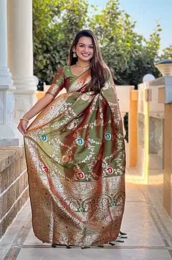 Mehendi soft banarasi silk blend meenakari weaving saree with unstitched blouse