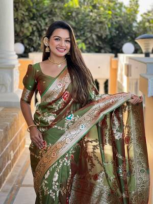 Mehendi soft banarasi silk blend meenakari weaving saree with unstitched blouse 4