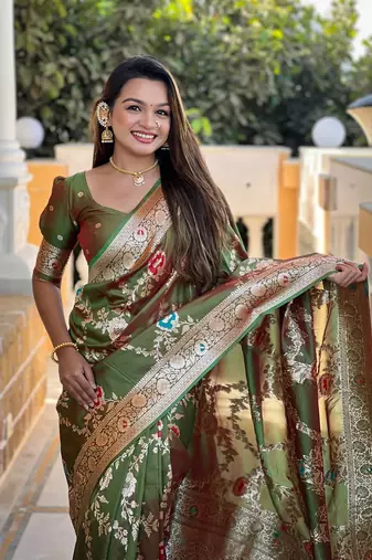 Mehendi soft banarasi silk blend meenakari weaving saree with unstitched blouse