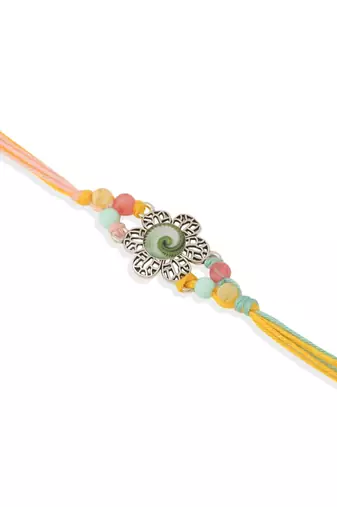 set of 2 artificial beads traditional bhaiya bhabhi pair rakhi set with roli chawal chandan & mishri