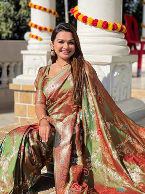 Mehendi soft banarasi silk blend meenakari weaving saree with unstitched blouse 5