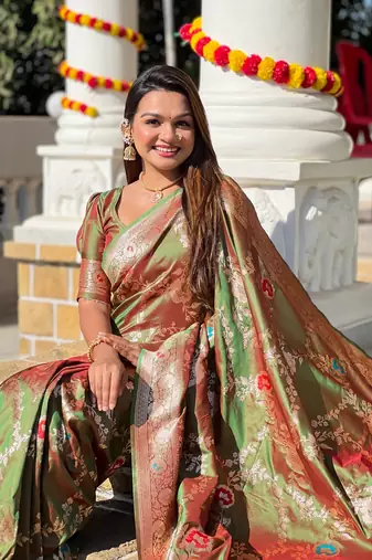 Mehendi soft banarasi silk blend meenakari weaving saree with unstitched blouse