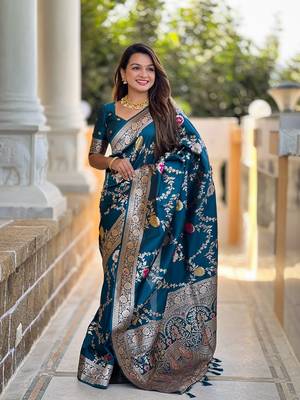 Teal soft banarasi silk blend meenakari weaving saree with unstitched blouse 1
