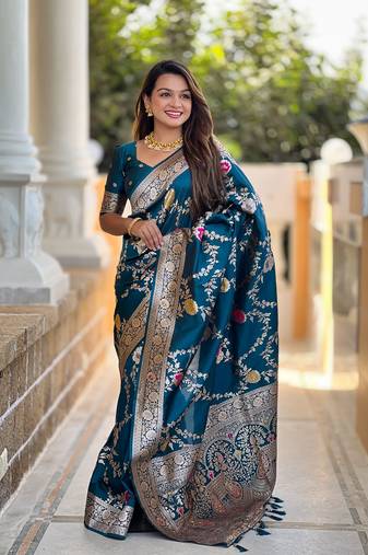 Teal soft banarasi silk blend meenakari weaving saree with unstitched blouse
