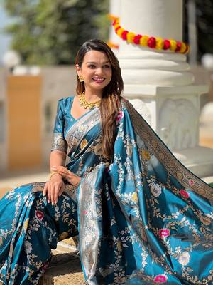 Teal soft banarasi silk blend meenakari weaving saree with unstitched blouse 4