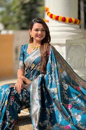 Teal soft banarasi silk blend meenakari weaving saree with unstitched blouse