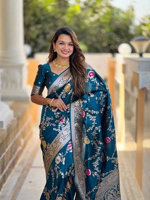 Teal soft banarasi silk blend meenakari weaving saree with unstitched blouse 5