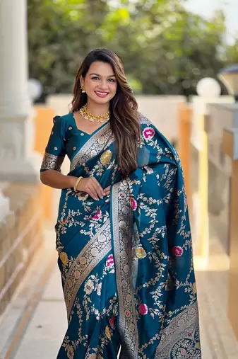 Teal soft banarasi silk blend meenakari weaving saree with unstitched blouse