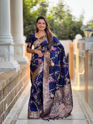 Navyblue soft banarasi silk blend meenakari weaving saree with unstitched blouse 1