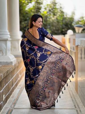 Navyblue soft banarasi silk blend meenakari weaving saree with unstitched blouse 2
