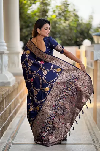 Navyblue soft banarasi silk blend meenakari weaving saree with unstitched blouse
