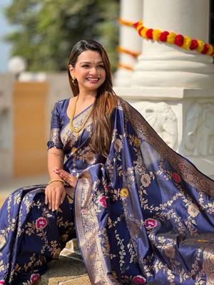 Navyblue soft banarasi silk blend meenakari weaving saree with unstitched blouse 3