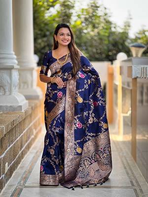 Navyblue soft banarasi silk blend meenakari weaving saree with unstitched blouse 4