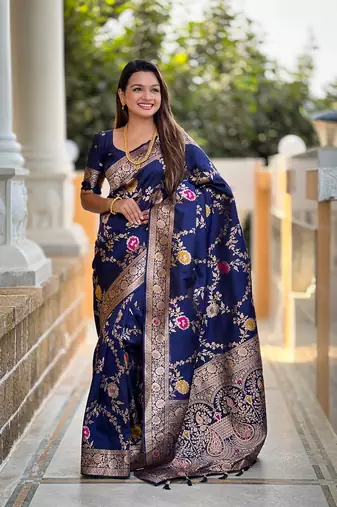 Navyblue soft banarasi silk blend meenakari weaving saree with unstitched blouse