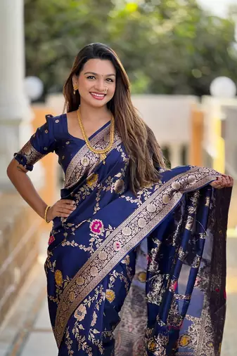 Navyblue soft banarasi silk blend meenakari weaving saree with unstitched blouse