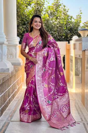 Onion soft banarasi silk blend meenakari weaving saree with unstitched blouse