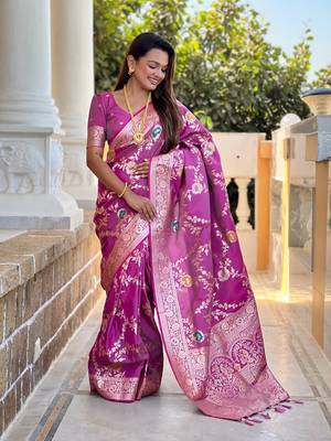 Onion soft banarasi silk blend meenakari weaving saree with unstitched blouse 3