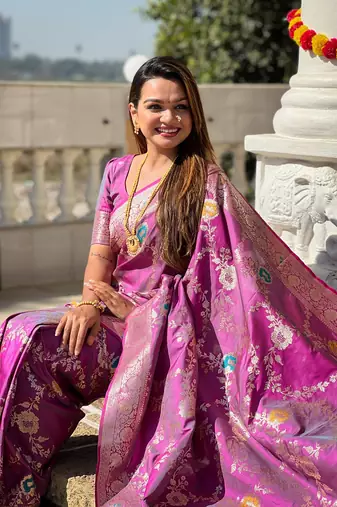 Onion soft banarasi silk blend meenakari weaving saree with unstitched blouse