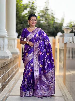 Purple soft banarasi silk blend meenakari weaving saree with unstitched blouse 1