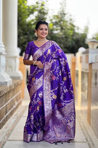 Purple soft banarasi silk blend meenakari weaving saree with unstitched blouse