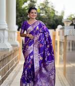 Purple soft banarasi silk blend meenakari weaving saree with unstitched blouse