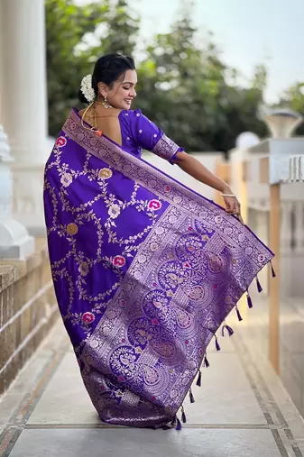 Purple soft banarasi silk blend meenakari weaving saree with unstitched blouse