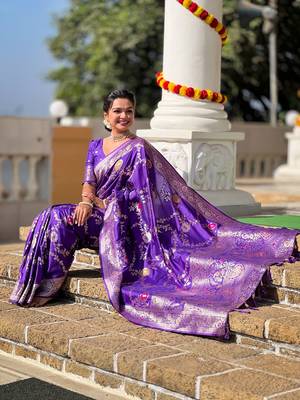 Purple soft banarasi silk blend meenakari weaving saree with unstitched blouse 4