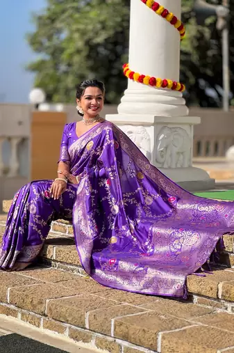Purple soft banarasi silk blend meenakari weaving saree with unstitched blouse