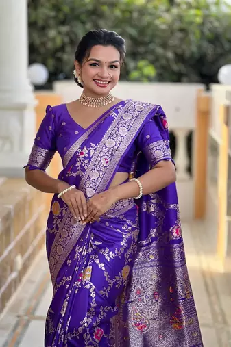 Purple soft banarasi silk blend meenakari weaving saree with unstitched blouse