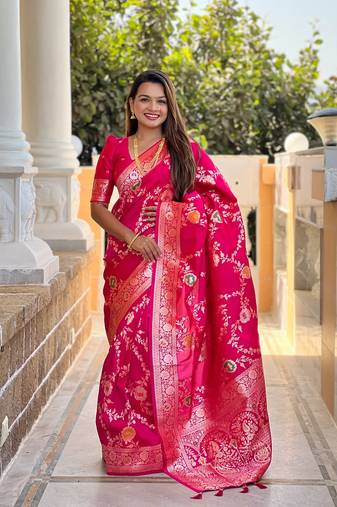 Ranipink soft banarasi silk blend meenakari weaving saree with unstitched blouse