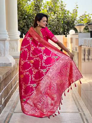 Ranipink soft banarasi silk blend meenakari weaving saree with unstitched blouse 2
