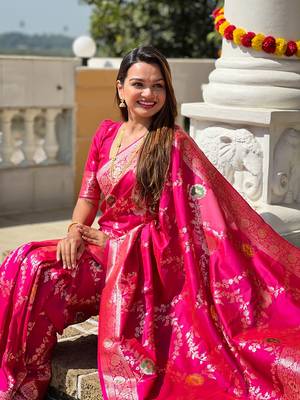 Ranipink soft banarasi silk blend meenakari weaving saree with unstitched blouse 3
