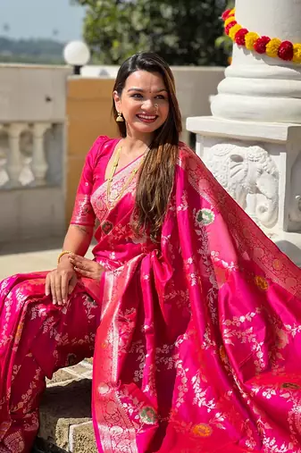 Ranipink soft banarasi silk blend meenakari weaving saree with unstitched blouse
